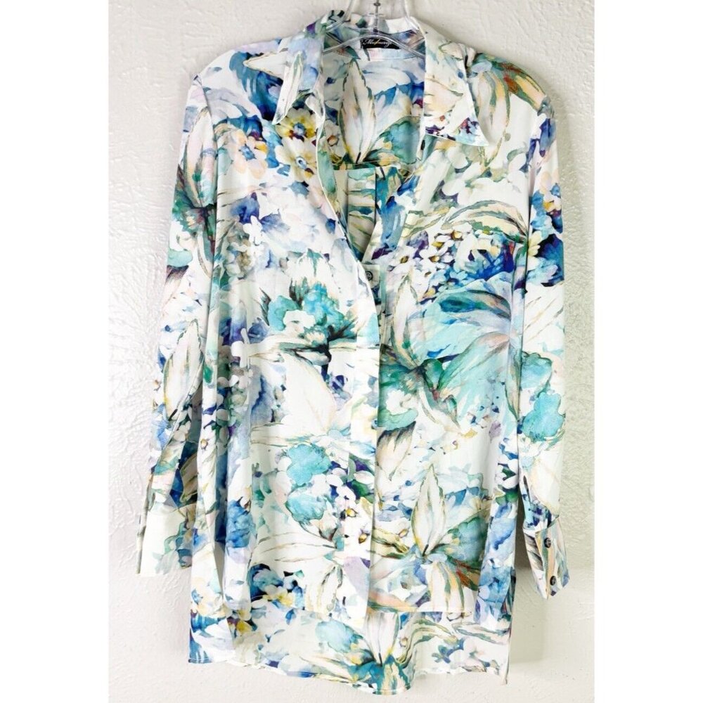 Mesmerize Small Floral Stretch Long Sleeve Cut Out Collared Top-Quality Feel EUC
